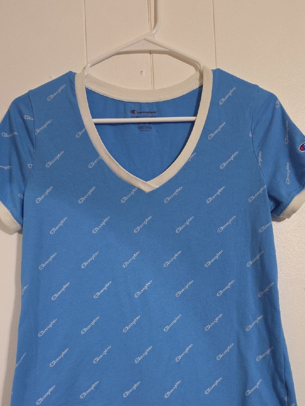 FREE w/ Purchase-Champion Light Blue V-Neck Logo Print Short Sleeve Tee